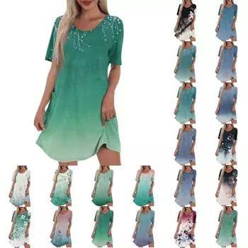 Женское повседневное и модное платье средней длины с V-образным вырезом и коротким рукавом с принтом XL