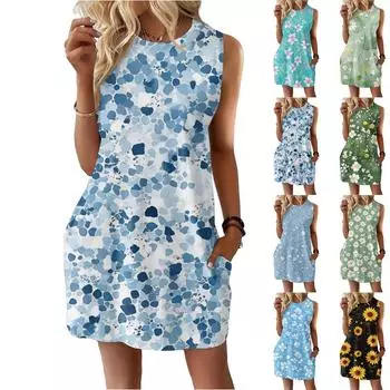 Женское повседневное и модное платье средней длины с круглым вырезом и без рукавов с принтом XL