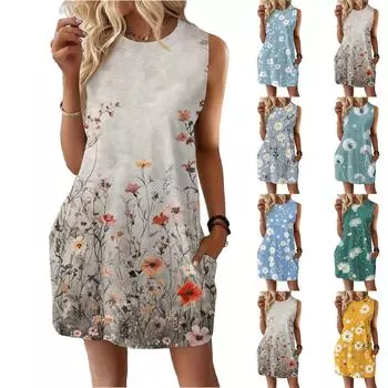 Женское повседневное и модное платье средней длины с круглым вырезом и без рукавов с принтом XL