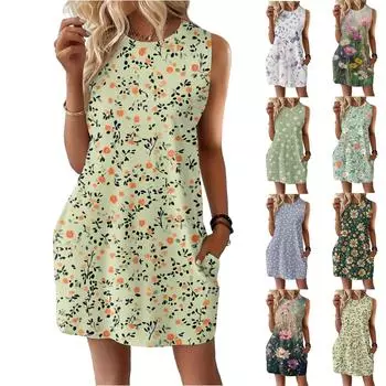 Женское повседневное и модное платье средней длины с круглым вырезом и без рукавов с принтом S