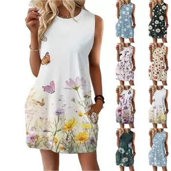 Женское повседневное и модное платье средней длины с круглым вырезом и без рукавов с принтом M