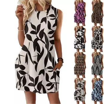 Женское повседневное и модное платье средней длины с круглым вырезом и без рукавов с принтом S