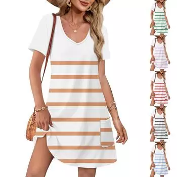 Женское повседневное и модное платье средней длины с V-образным вырезом и коротким рукавом с принтом L бежевый