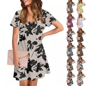 Женское повседневное и модное платье средней длины с V-образным вырезом и коротким рукавом с принтом L чёрный