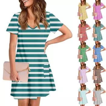 Женское повседневное и модное платье средней длины с V-образным вырезом и коротким рукавом с принтом L синий