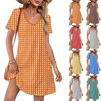 Женское повседневное и модное платье средней длины с V-образным вырезом и коротким рукавом с принтом L коричневый