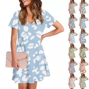 Женское повседневное и модное платье средней длины с V-образным вырезом и коротким рукавом с принтом L синий