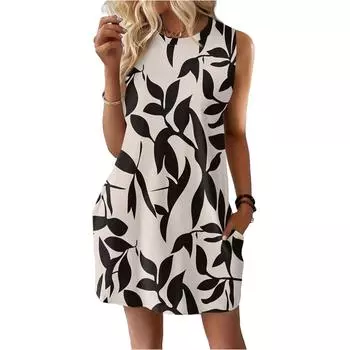 Женское повседневное и модное платье средней длины с круглым вырезом и без рукавов с принтом S хаки