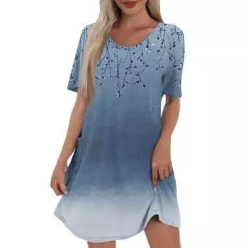 Женское повседневное и модное платье средней длины с V-образным вырезом и коротким рукавом с принтом S синий