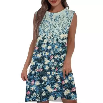 Женское повседневное и модное платье средней длины с круглым вырезом и без рукавов с принтом S жёлтый