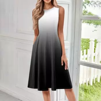 Женское повседневное и модное платье средней длины с круглым вырезом без рукавов и принтом S синий