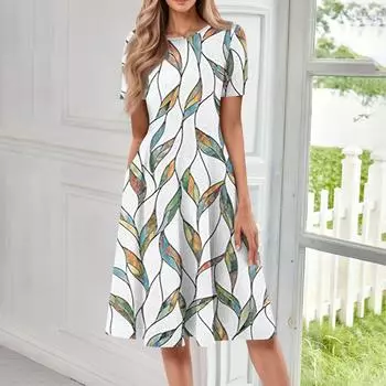 Женское повседневное и модное платье средней длины с круглым вырезом и коротким рукавом с принтом S
