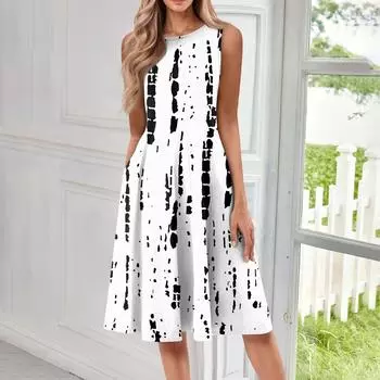 Женское повседневное и модное платье средней длины с круглым вырезом без рукавов и принтом S светло-розовый