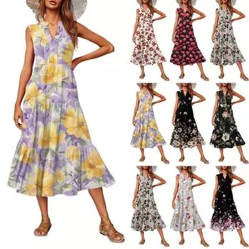 Женское повседневное и модное платье средней длины с V-образным вырезом без рукавов и принтом L