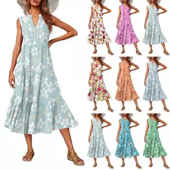 Женское повседневное и модное платье средней длины с V-образным вырезом без рукавов и принтом XXL