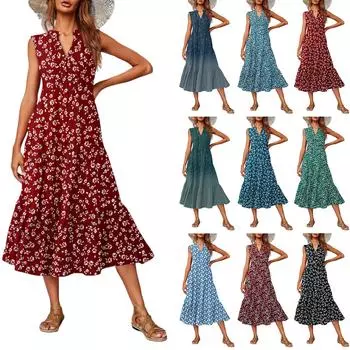 Женское повседневное и модное платье средней длины с V-образным вырезом без рукавов и принтом L