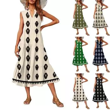 Женское повседневное и модное платье средней длины с V-образным вырезом без рукавов и принтом L армия зеленый