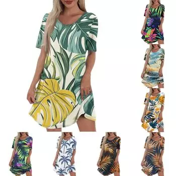 Женское повседневное и модное платье средней длины с V-образным вырезом и коротким рукавом с принтом XXXL