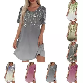 Женское повседневное и модное платье средней длины с V-образным вырезом и коротким рукавом с принтом S