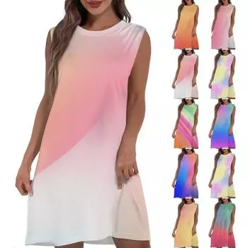 Женское повседневное и модное платье средней длины с круглым вырезом и без рукавов с принтом M бежевый