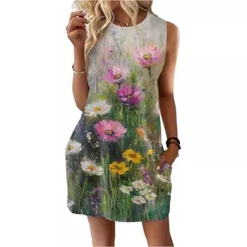 Женское повседневное и модное платье средней длины с круглым вырезом и без рукавов с принтом S