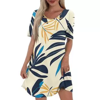 Женское повседневное и модное платье средней длины с V-образным вырезом и коротким рукавом с принтом S синий