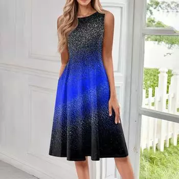 Женское повседневное и модное платье средней длины с круглым вырезом без рукавов и принтом S циан