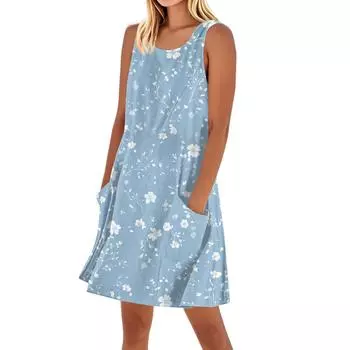 Женское повседневное и модное платье средней длины с круглым вырезом и без рукавов с принтом S