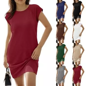 Женское повседневное и модное платье свободного кроя с круглым вырезом и однотонным карманом L чёрный