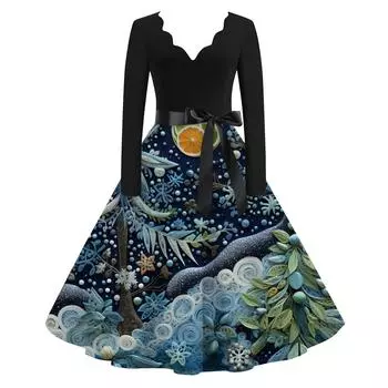 Женское повседневное и модное рождественское платье с V-образным вырезом и большим подолом, длинное платье с рукавами L