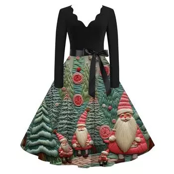 Женское повседневное и модное рождественское платье с V-образным вырезом и большим подолом, длинное платье с рукавами L армия зеленый