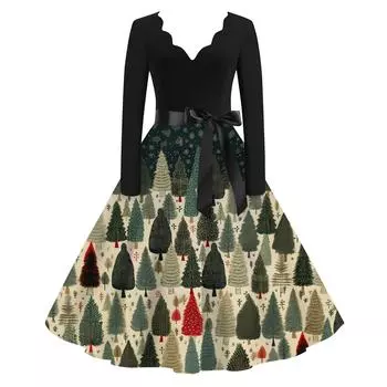 Женское повседневное и модное рождественское платье с V-образным вырезом и большим подолом, длинное платье с рукавами L армия зеленый