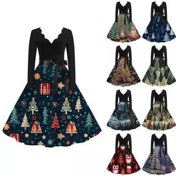 Женское повседневное и модное рождественское платье с V-образным вырезом и большим подолом, длинное платье с рукавами XL