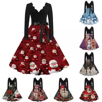 Женское повседневное и модное рождественское платье с V-образным вырезом и большим подолом, длинное платье с рукавами L фиолетовый