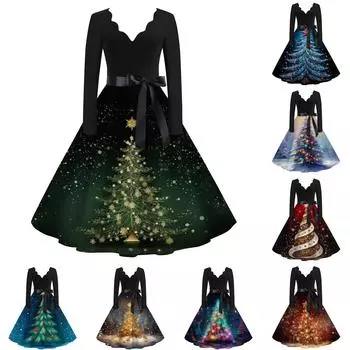 Женское повседневное и модное рождественское платье с V-образным вырезом и большим подолом, длинное платье с рукавами XXL синий