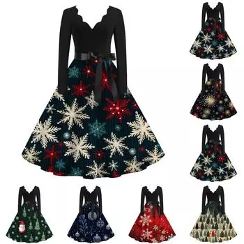Женское повседневное и модное рождественское платье с V-образным вырезом и большим подолом, длинное платье с рукавами XXXL