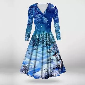 Женское повседневное и модное сексуальное платье с v-образным вырезом и длинными рукавами с рождественским принтом L синий