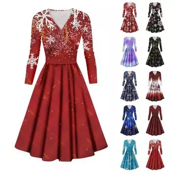 Женское повседневное и модное сексуальное платье с v-образным вырезом и длинными рукавами с рождественским принтом L чёрный