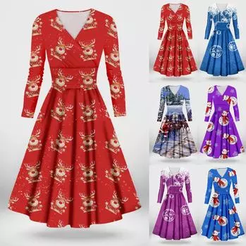 Женское повседневное и модное сексуальное платье с v-образным вырезом и длинными рукавами с рождественским принтом L синий