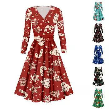 Женское повседневное и модное сексуальное платье с v-образным вырезом и длинными рукавами с рождественским принтом L чёрный