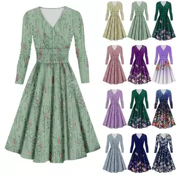 Женское повседневное и модное сексуальное платье с v-образным вырезом и длинными рукавами с принтом L синий