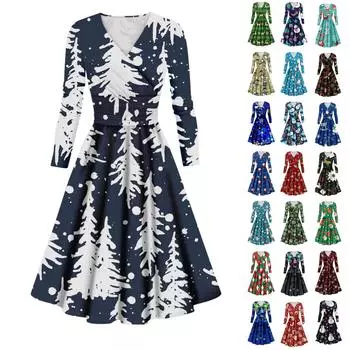 Женское повседневное и модное сексуальное платье с v-образным вырезом и длинными рукавами с рождественским принтом L тёмно-синий