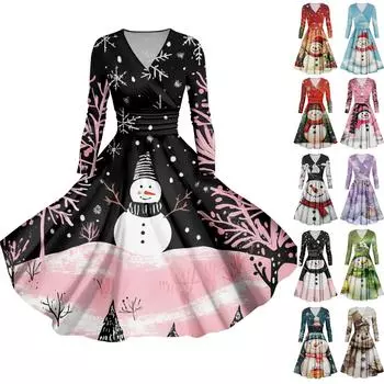 Женское повседневное и модное сексуальное платье с v-образным вырезом и длинными рукавами с рождественским принтом XXL розовый