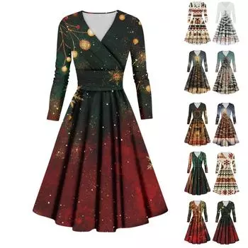 Женское повседневное и модное сексуальное платье с v-образным вырезом и длинными рукавами с рождественским принтом S бежевый