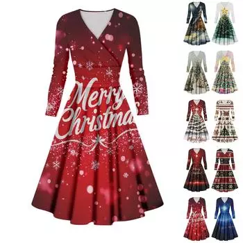 Женское повседневное и модное сексуальное платье с v-образным вырезом и длинными рукавами с рождественским принтом XXXL