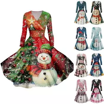 Женское повседневное и модное сексуальное платье с v-образным вырезом и длинными рукавами с рождественским принтом XL