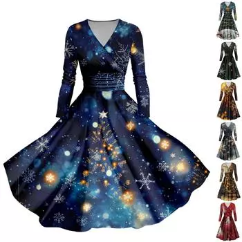 Женское повседневное и модное сексуальное платье с v-образным вырезом и длинными рукавами с рождественским принтом XL