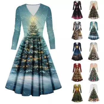Женское повседневное и модное сексуальное платье с v-образным вырезом и длинными рукавами с рождественским принтом L синий