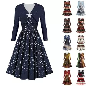 Женское повседневное и модное сексуальное платье с v-образным вырезом и длинными рукавами с рождественским принтом XXXXXL