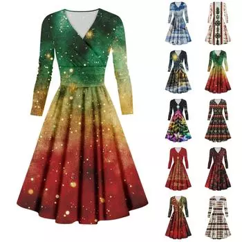 Женское повседневное и модное сексуальное платье с v-образным вырезом и длинными рукавами с рождественским принтом L